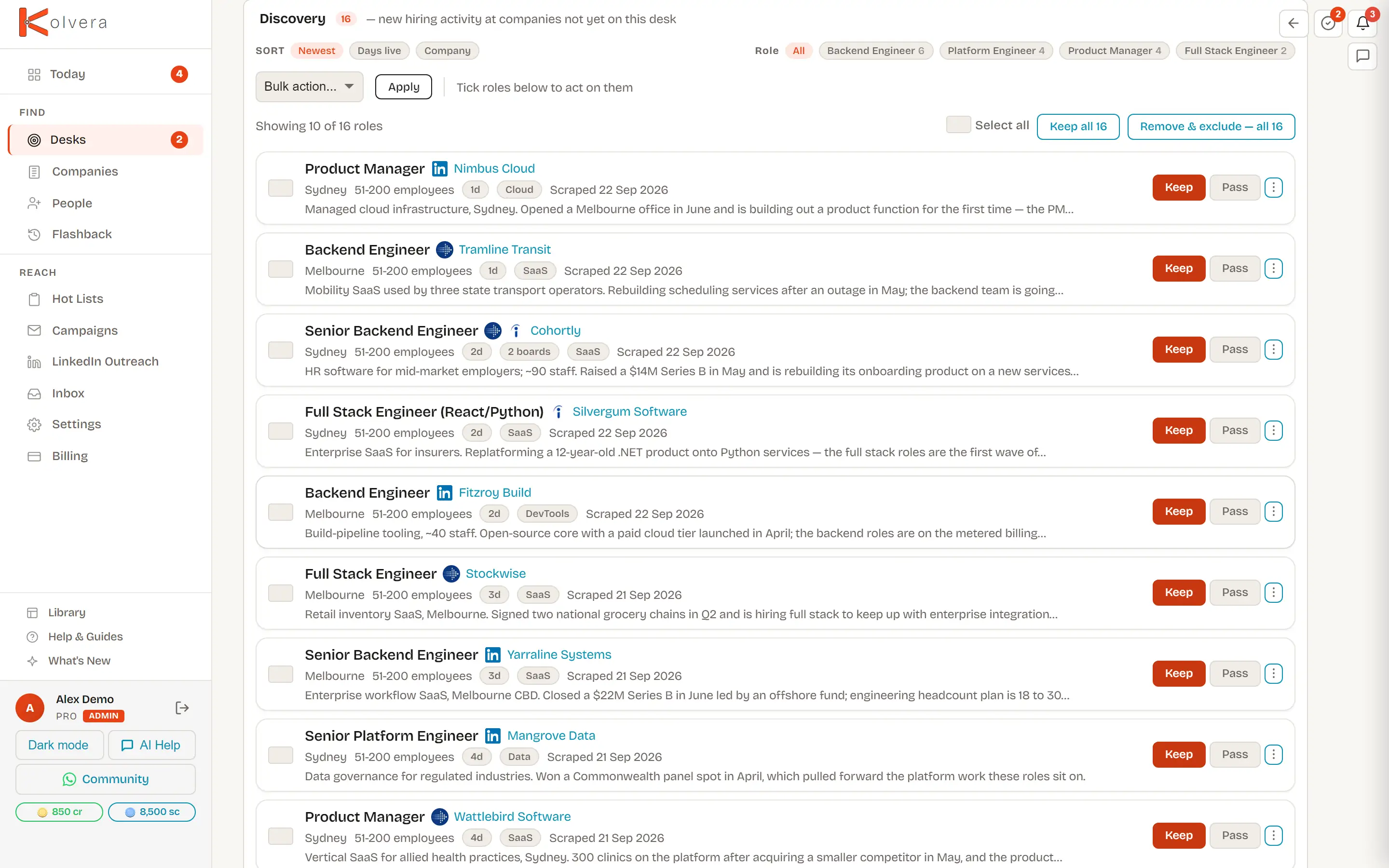 Discovery on a demo recruitment desk, with company matches to review