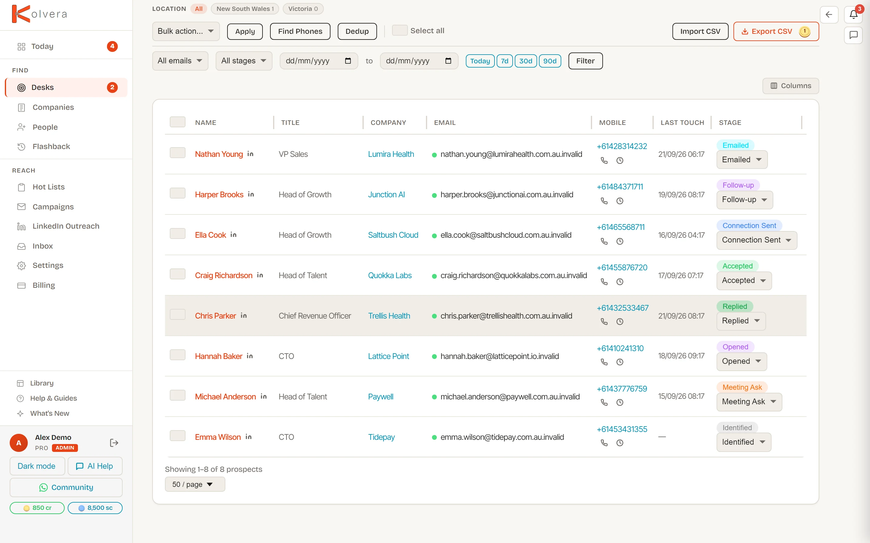 Actual demo desk contacts, showing names, job titles and companies